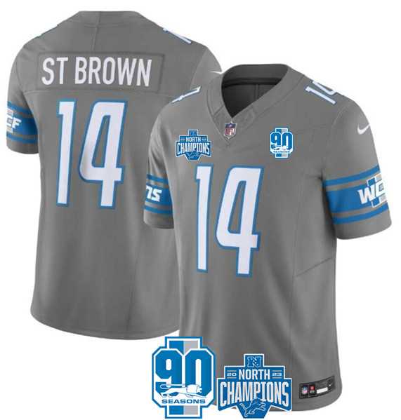 Men & Women & Youth Detroit Lions #14 Amon-Ra St. Brown Gray 2023 90th Anniversary North Division Champions Patch Limited Stitched Jersey,We sell and wholesale Men & Women & Youth Detroit Lions #14 Amon-Ra St. Brown Gray 2023 90th Anniversary North Division Champions Patch Limited Stitched Jersey on line form chian!